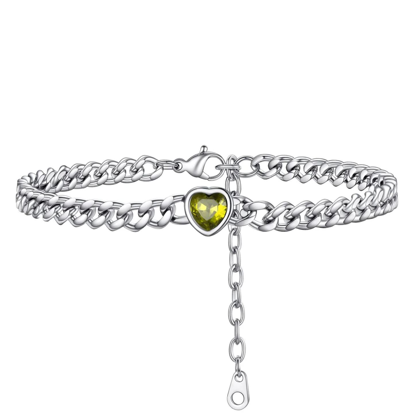 Bracelet de Cheville Cœur Pierre de Naissance pour Femme avec Chaîne Cuban