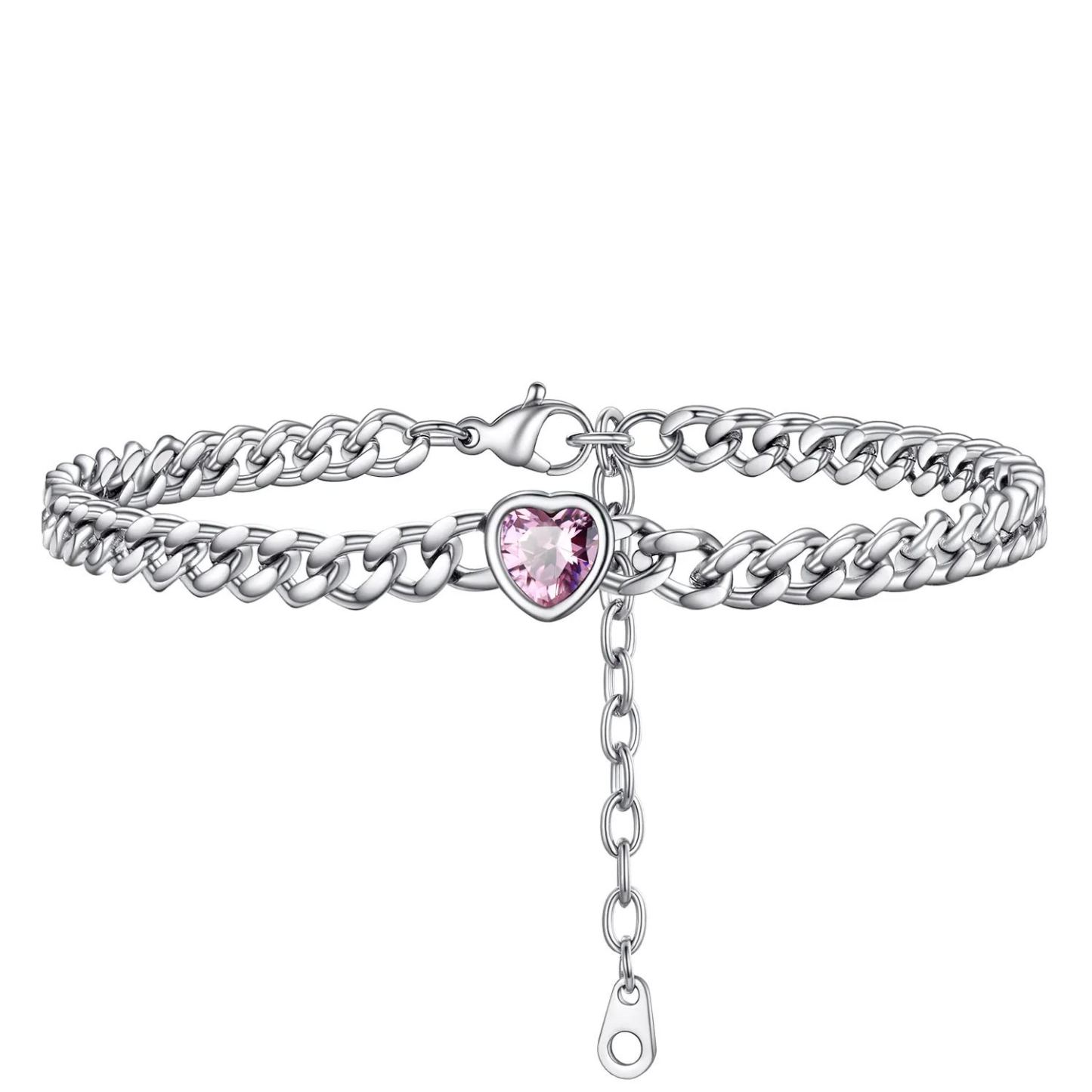 Bracelet de Cheville Cœur Pierre de Naissance pour Femme avec Chaîne Cuban