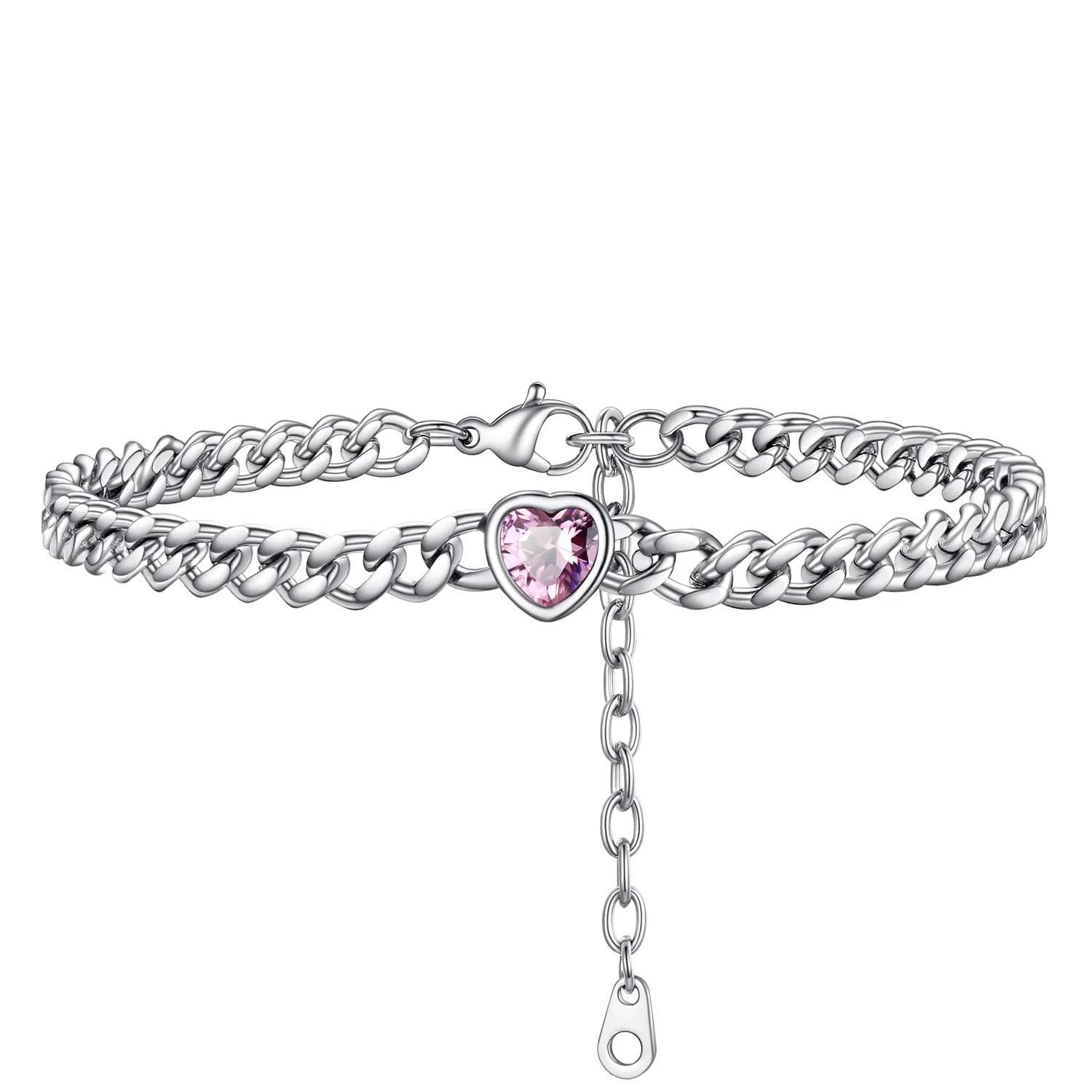 Bracelet de Cheville Cœur Pierre de Naissance pour Femme avec Chaîne Cuban