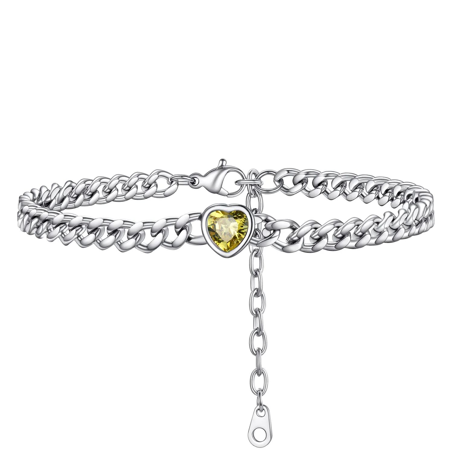 Bracelet de Cheville Cœur Pierre de Naissance pour Femme avec Chaîne Cuban