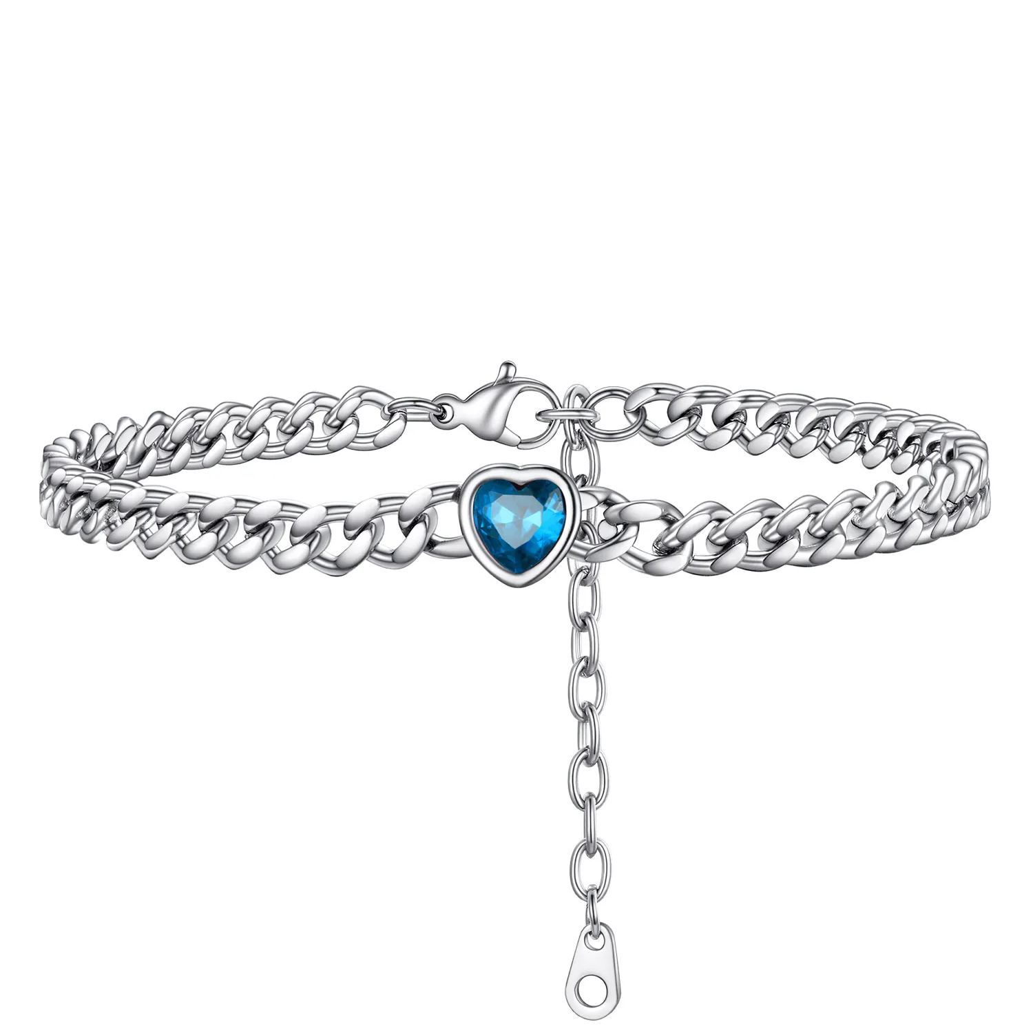 Bracelet de Cheville Cœur Pierre de Naissance pour Femme avec Chaîne Cuban