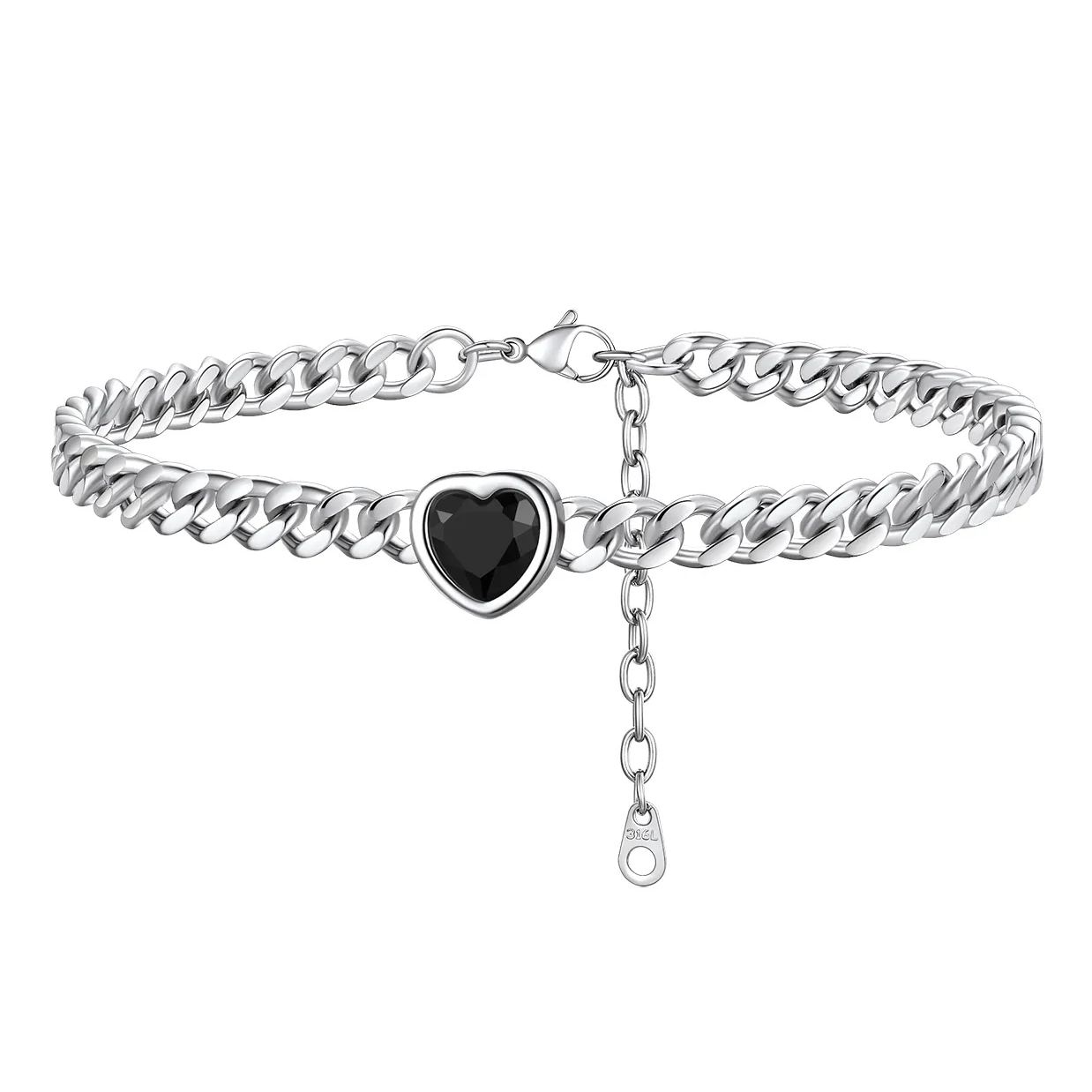 Bracelet de Cheville Cœur Pierre de Naissance pour Femme avec Chaîne Cuban