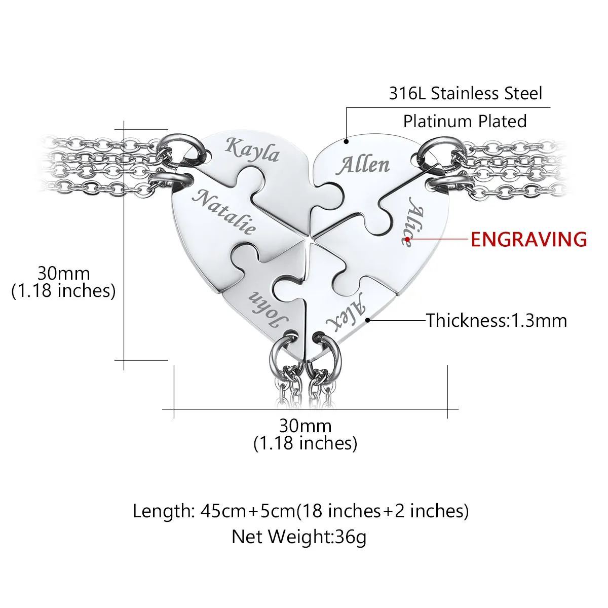 Collier Puzzle Personnalisé en Acier Inoxydable pour Famille ou Amis Taille