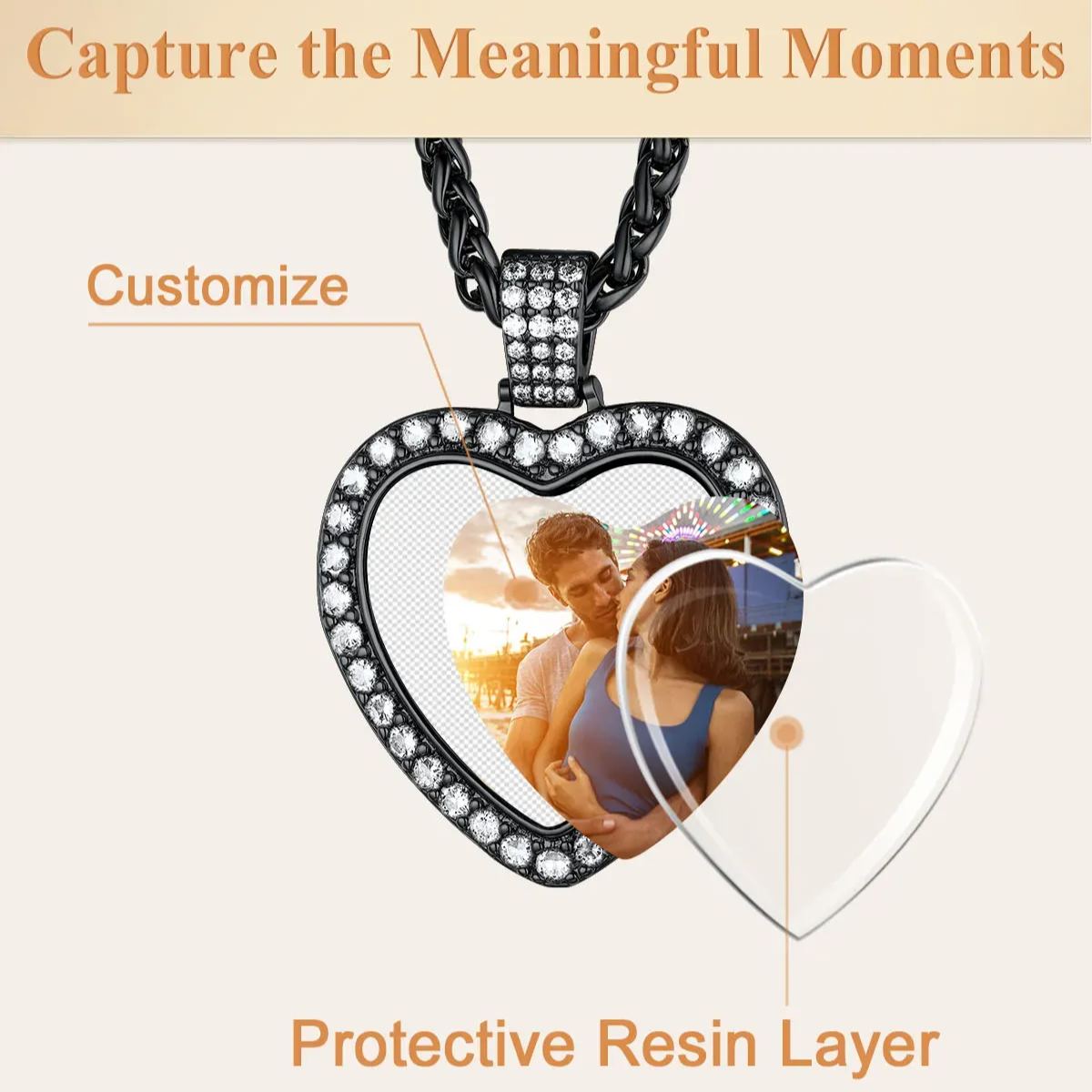 Collier Personnalisé Photo Cœur Pendentif Étincelant pour Homme