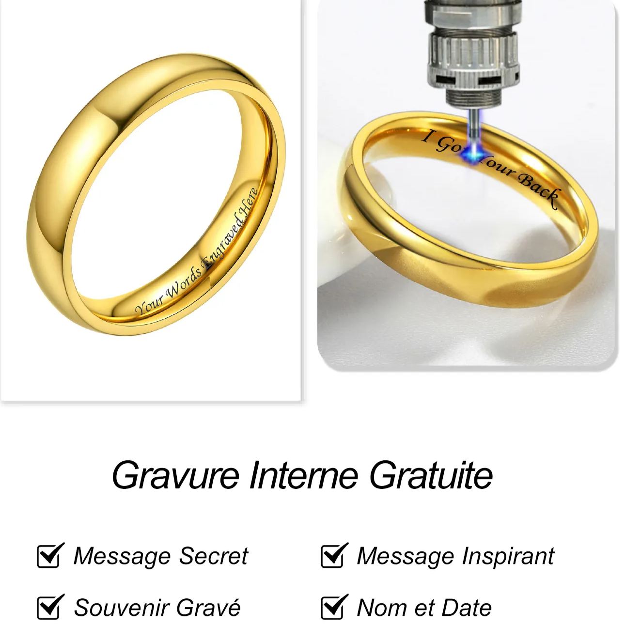 Bague Simple Personnalisée en Acier Inoxydable pour Mariage Gravure Gratuite