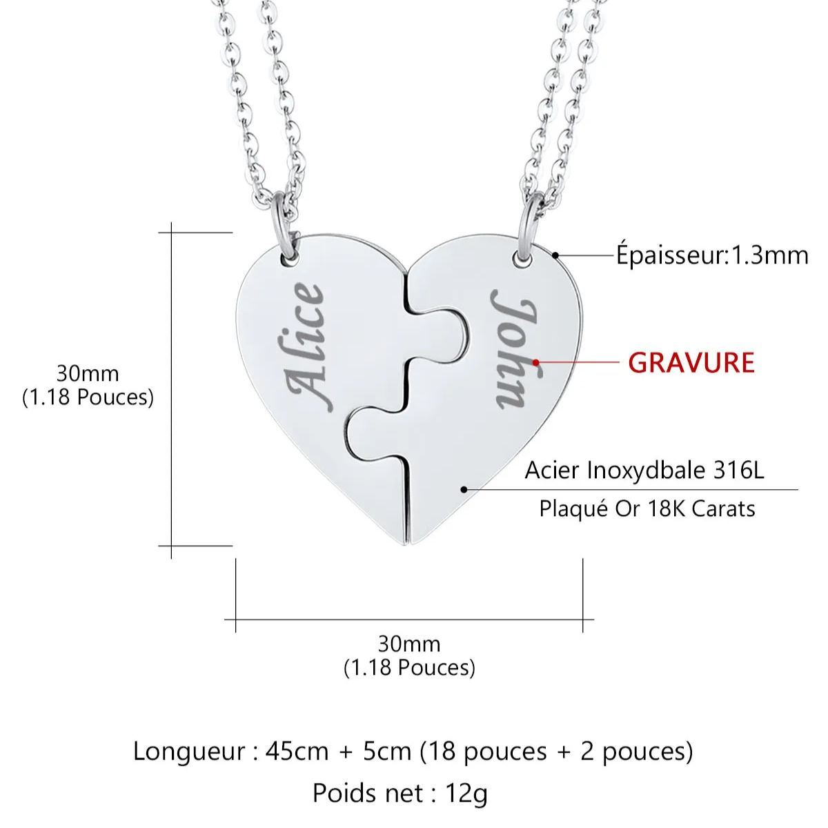 Colliers Coeur Personnalisés avec Pièces de Puzzle Taille