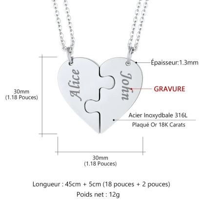 Colliers Coeur Personnalisés avec Pièces de Puzzle Taille