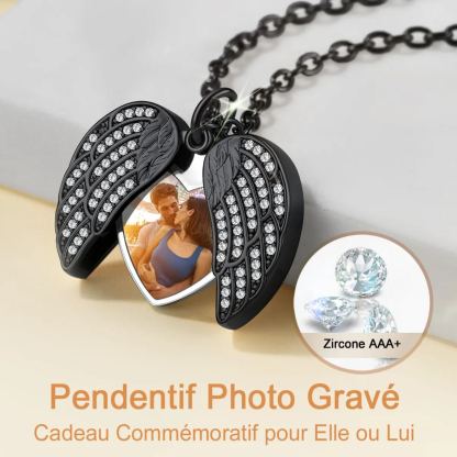 Collier Médaillon Cœur Ailes d'Ange Personnalisé avec Photo pour Femme Cadeau