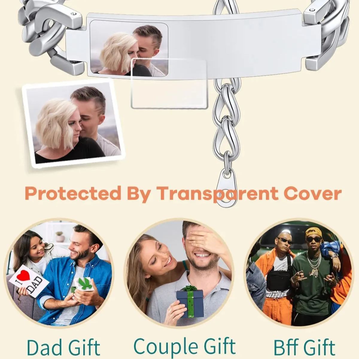 Bracelet Photo Personnalisable en Acier Inoxydable 316L pour Homme Occasion