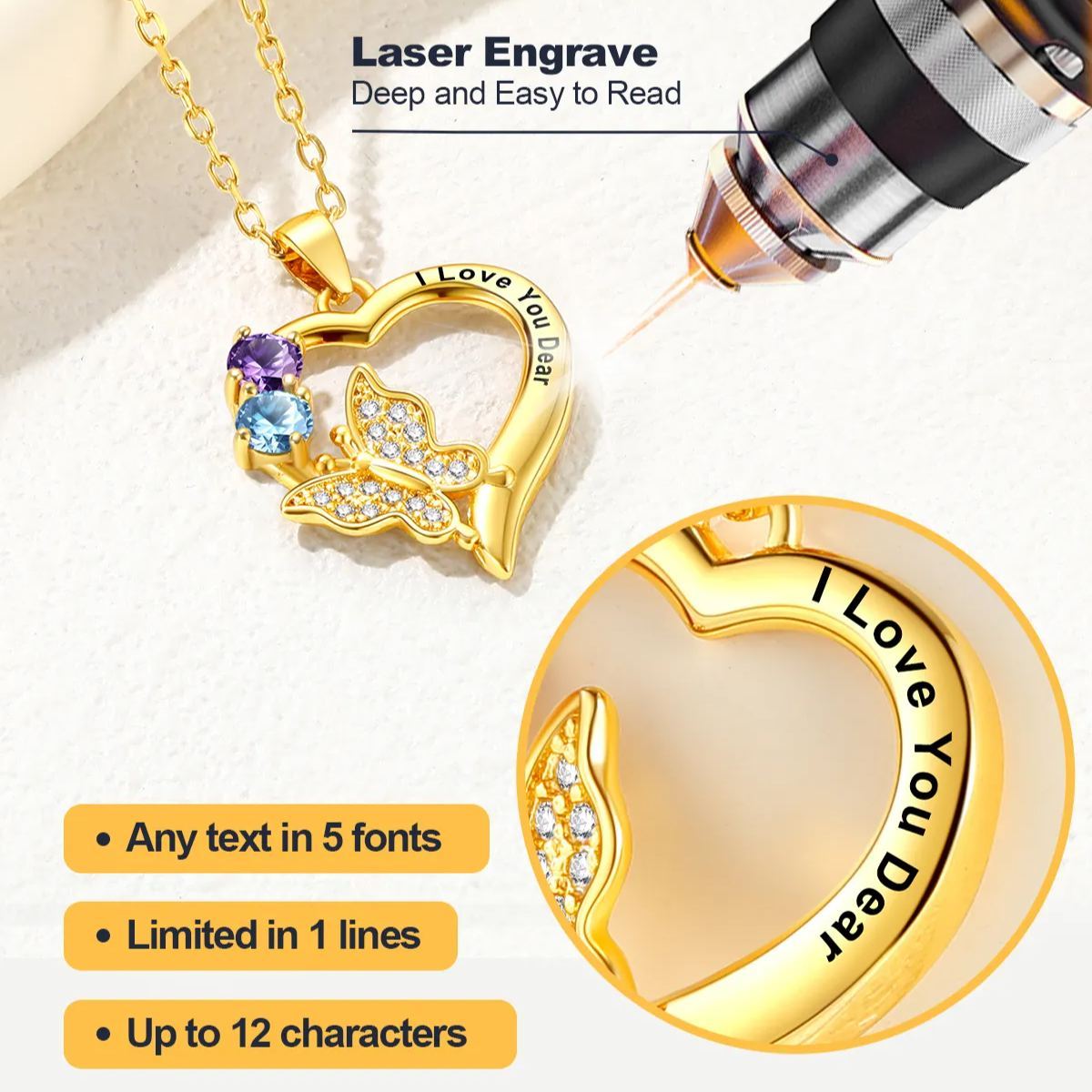 Collier Cœur Papillon avec Pierre de Naissance  Gravure Personnalisé