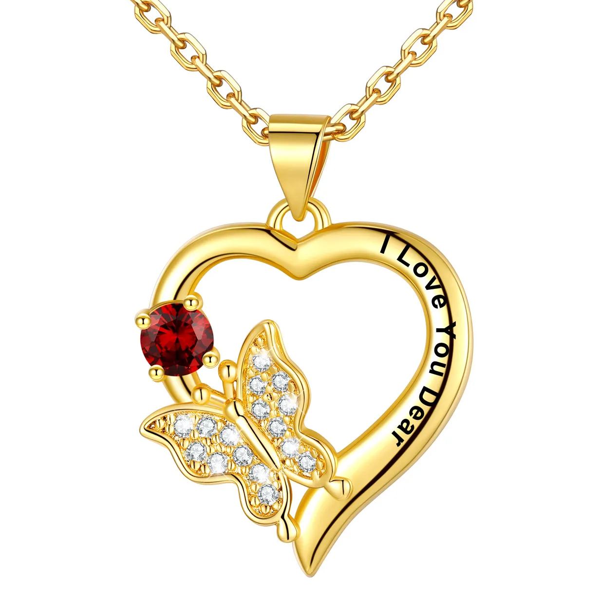 Collier Cœur Papillon avec Pierre de Naissance Personnalisé pour Femme