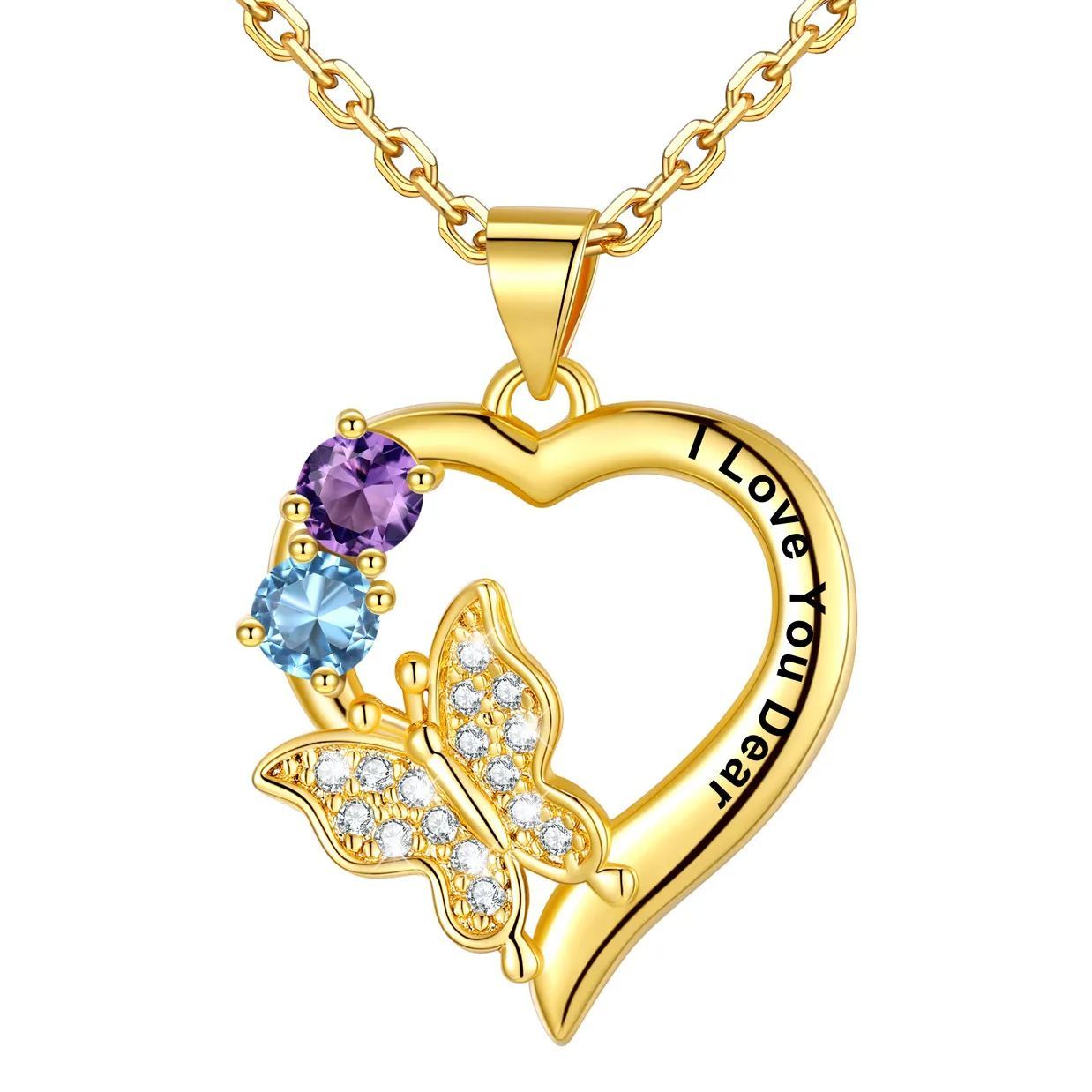 Collier Cœur Papillon avec Pierre de Naissance Personnalisé pour Femme