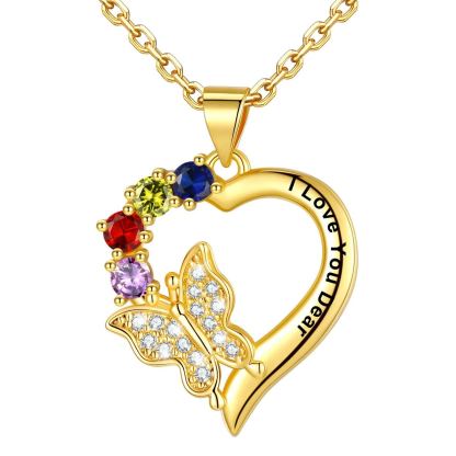 Collier Cœur Papillon avec Pierre de Naissance Personnalisé pour Femme