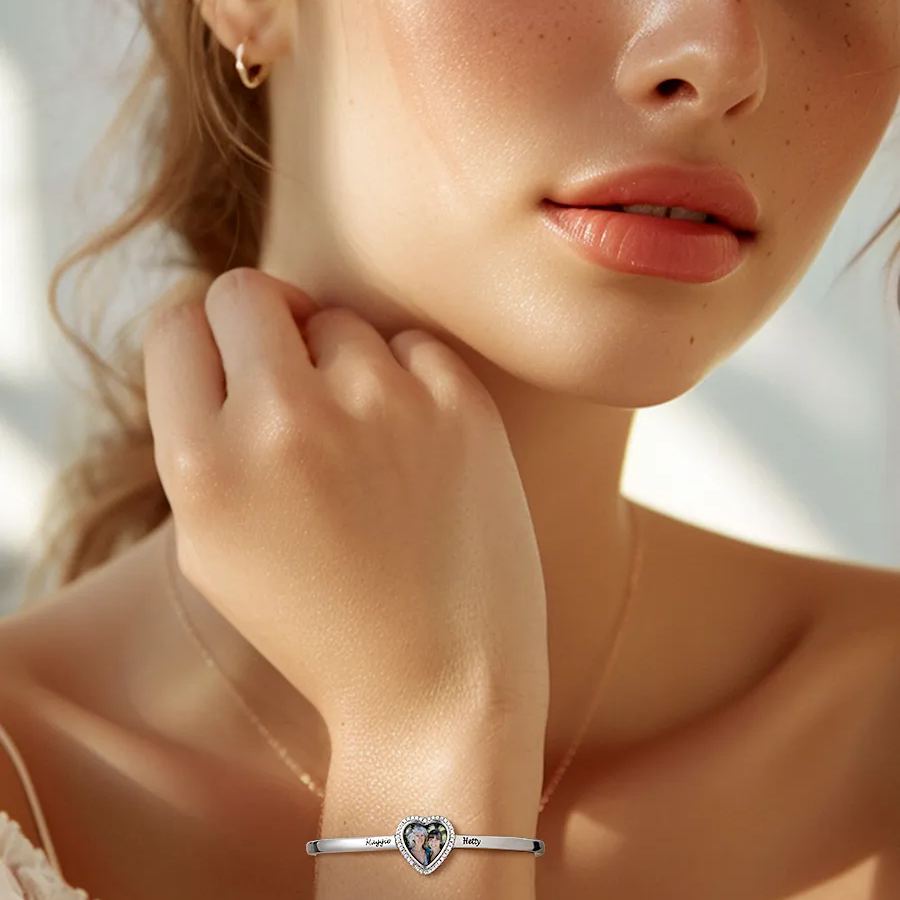 Bracelet Manchette Photo Cœur Personnalisé pour fete des meres