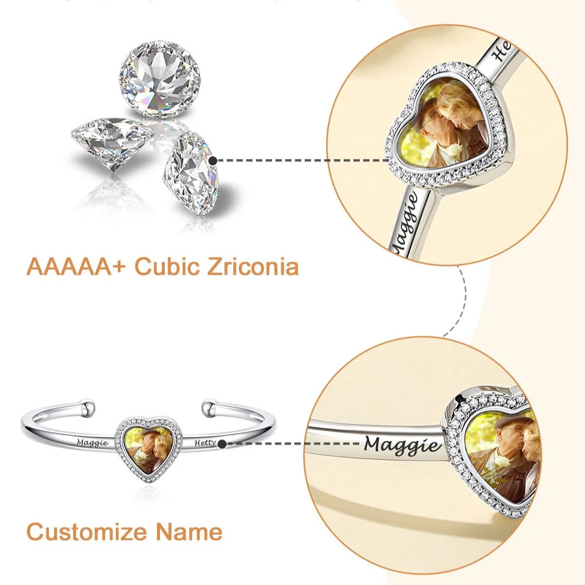 Bracelet Manchette Photo Cœur Personnalisé cadeau pour Femme