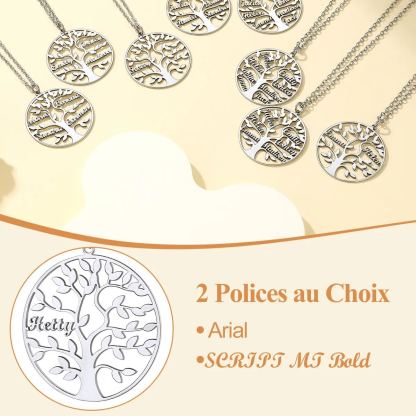 Collier Personnalisé Rond Arbre de Vie avec Noms pour Famille 2 Polices