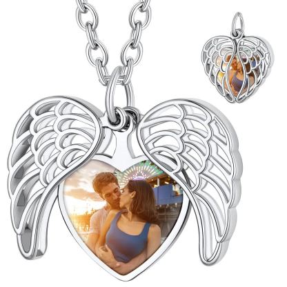Collier Médaillon Cœur Ailes d’Ange Personnalisable avec Photo argenté