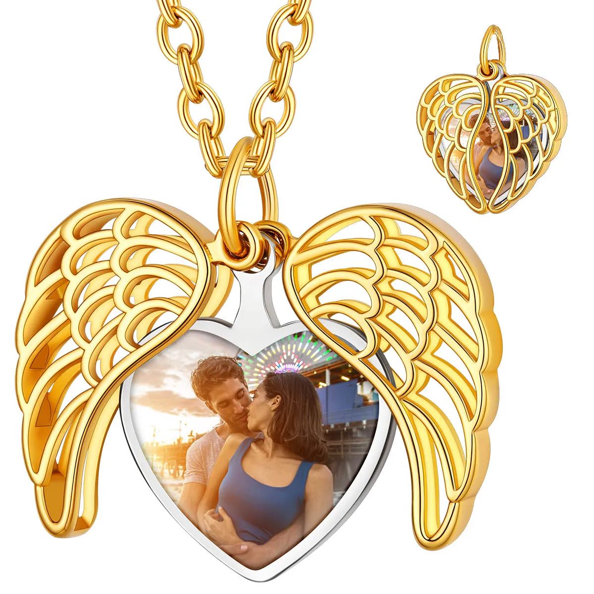 Collier Médaillon Cœur Ailes d’Ange Personnalisable avec Photo or