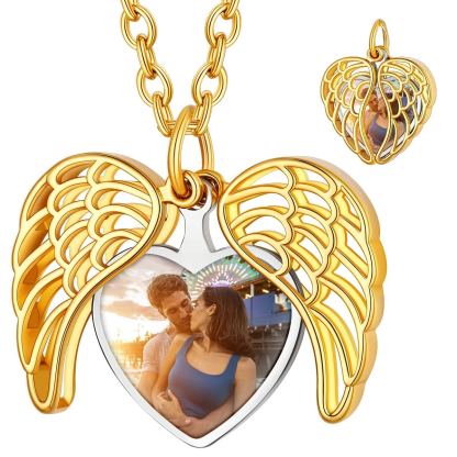 Collier Médaillon Cœur Ailes d’Ange Personnalisable avec Photo or