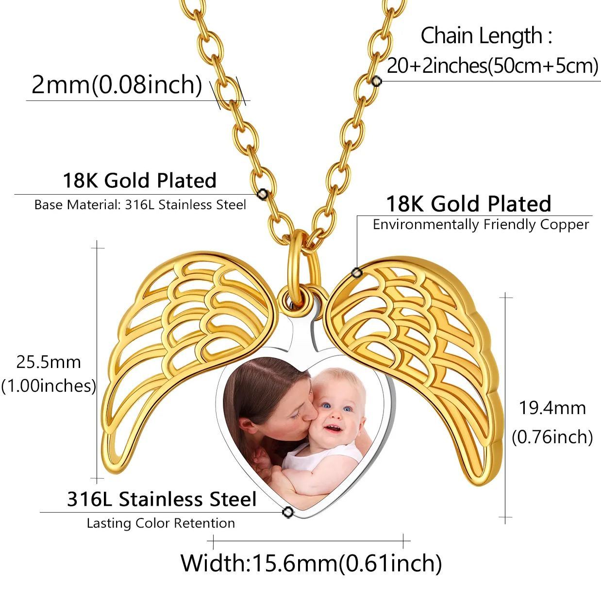 Collier Médaillon Cœur Ailes d’Ange Personnalisable avec Photo taille