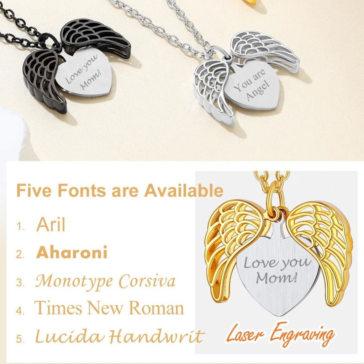 Collier Médaillon Cœur Ailes d’Ange Gravé avec Photo