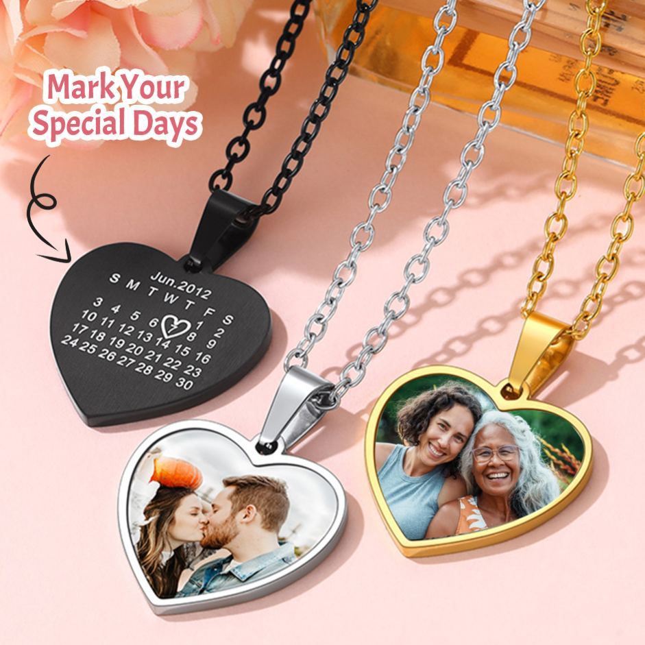 Collier Cœur avec Photo et Calendrier Gravé Personnalisé Cadeau pour maman