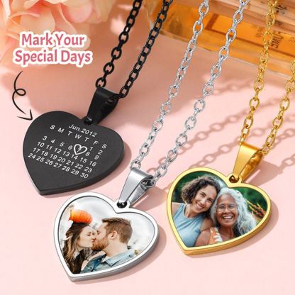 Collier Cœur avec Photo et Calendrier Gravé Personnalisé Cadeau pour maman