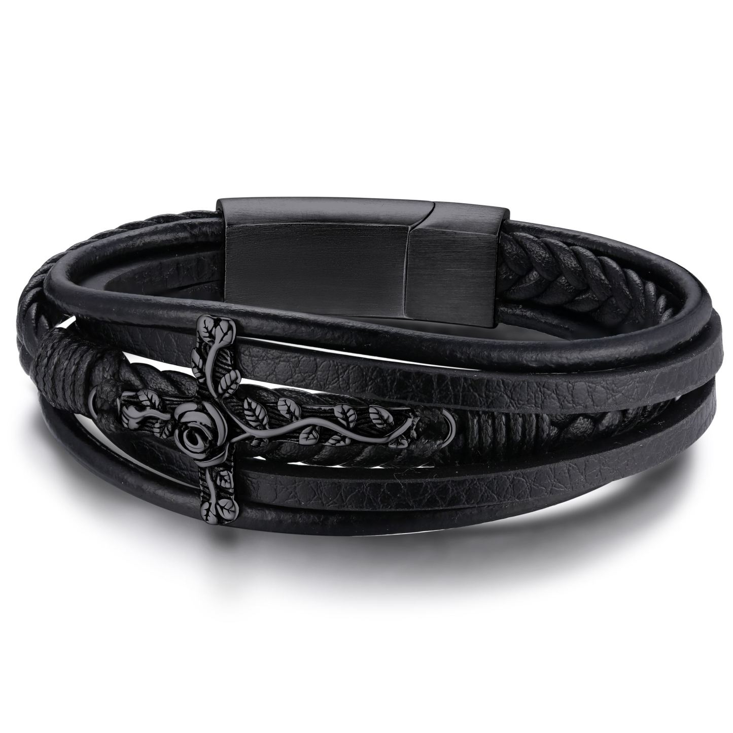 Bracelet en Cuir avec Croix et Gravure pour Homme Noir