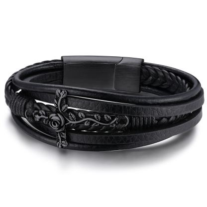 Bracelet en Cuir avec Croix et Gravure pour Homme Noir