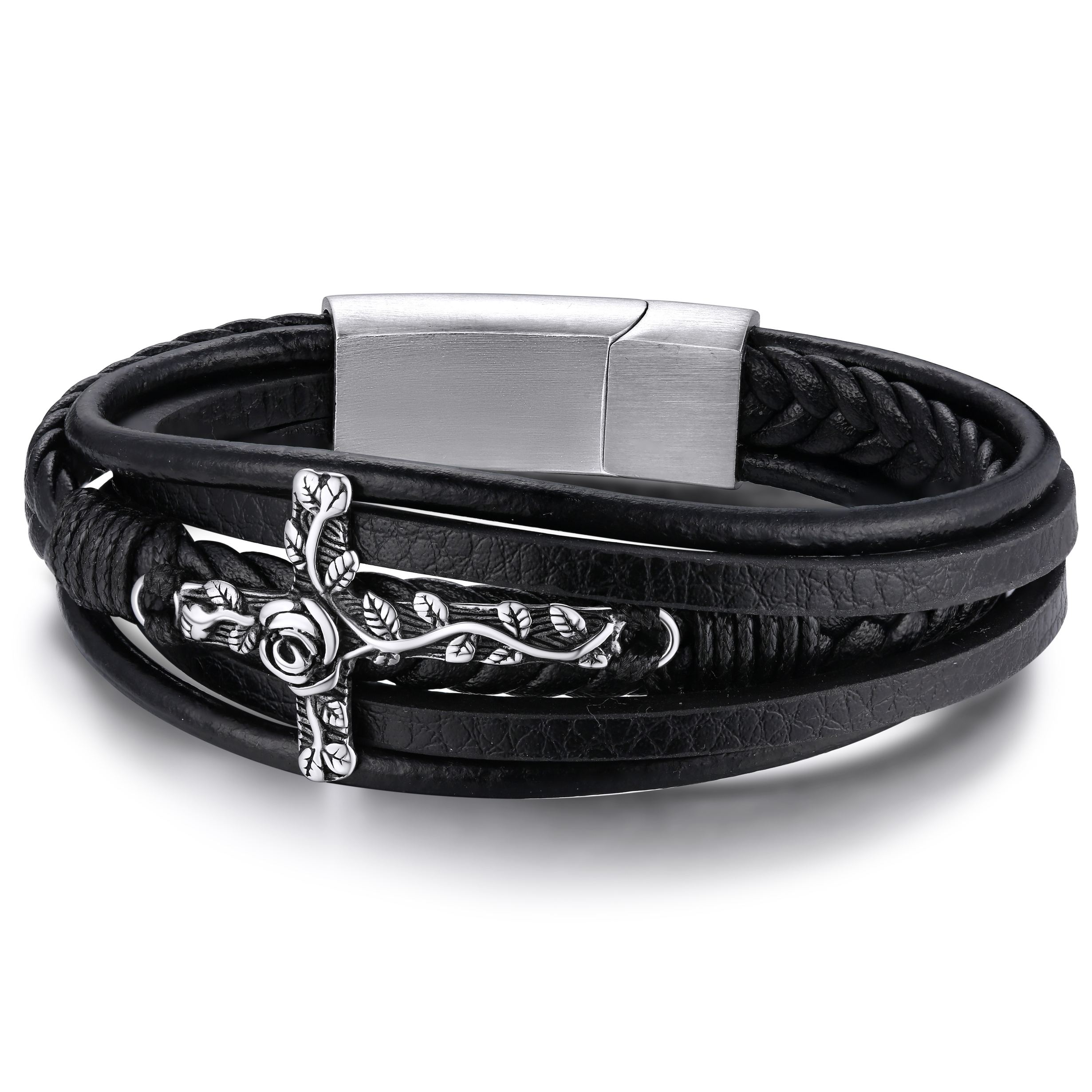 Bracelet en Cuir avec Croix pour Homme – Cadeau Chrétien