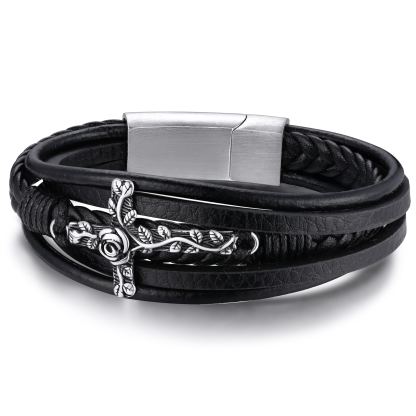 Bracelet en Cuir avec Croix pour Homme – Cadeau Chrétien