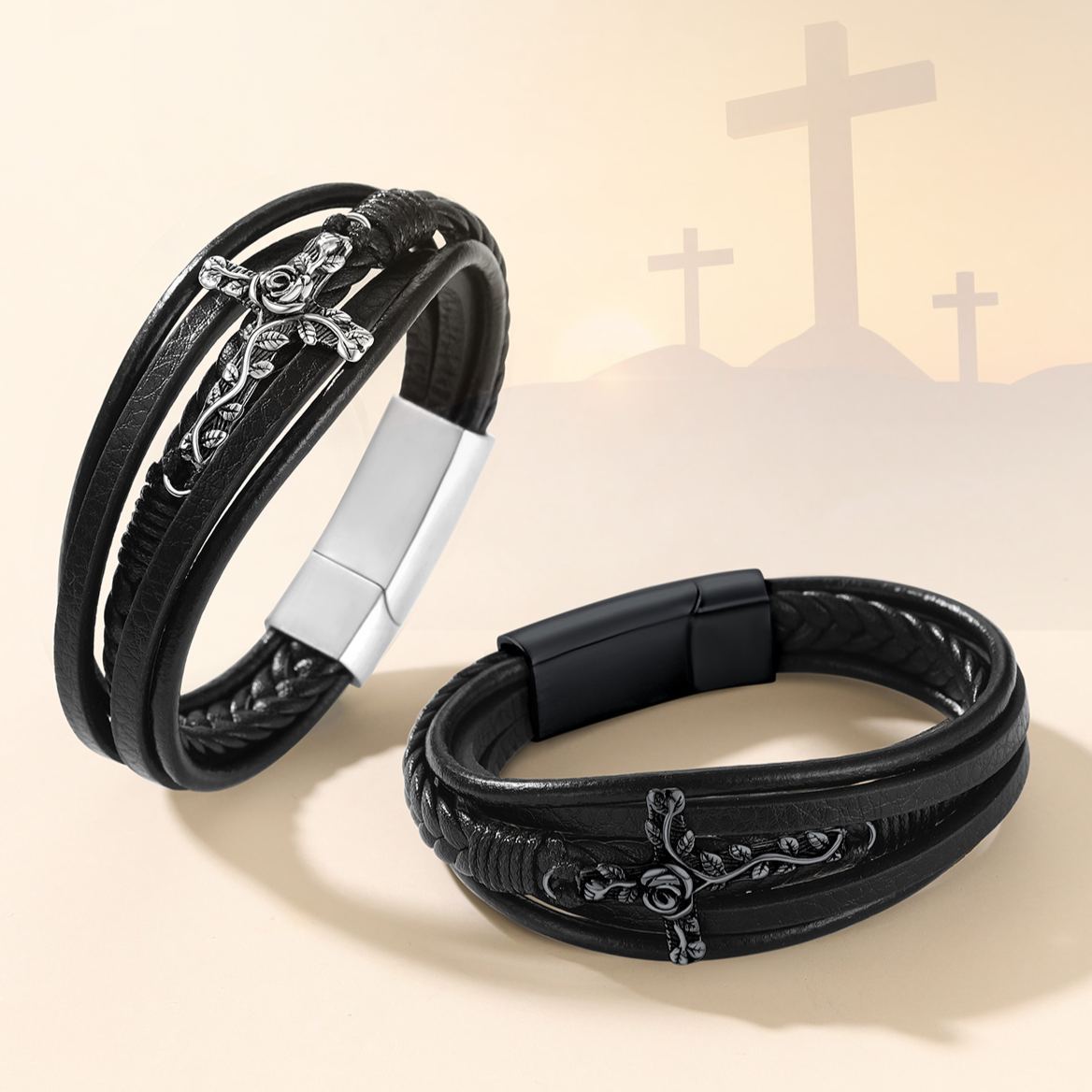 Bracelet en Cuir avec Croix pour Homme Argenté et Noir
