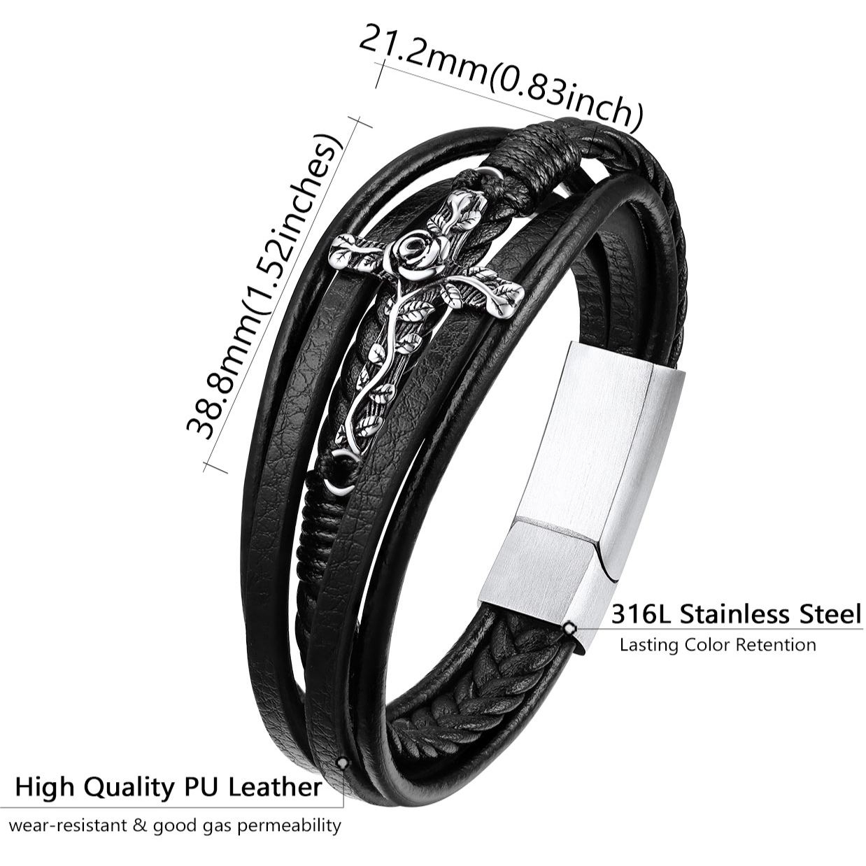 Bracelet en Cuir avec Croix pour Homme Taille