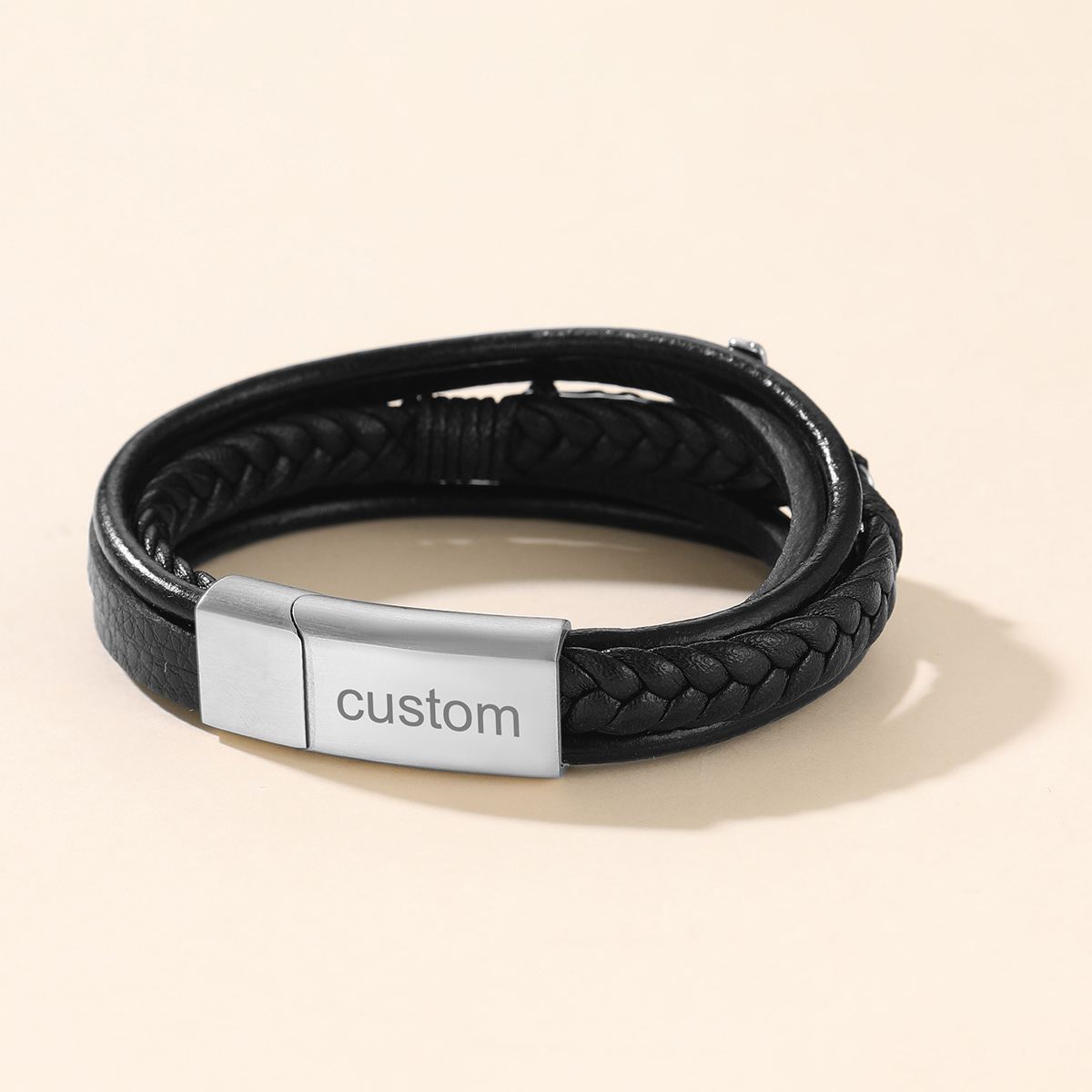 Bracelet en Cuir avec Croix et Gravure pour Homme 