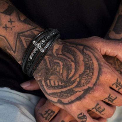 Bracelet en Cuir avec Croix pour Homme 