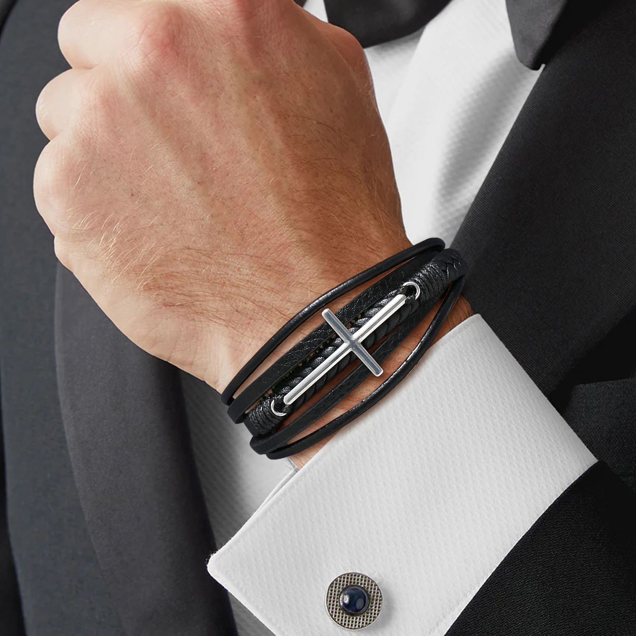 Bracelet Croix Chrétienne en Cuir Tressé Multicouche pour Papa