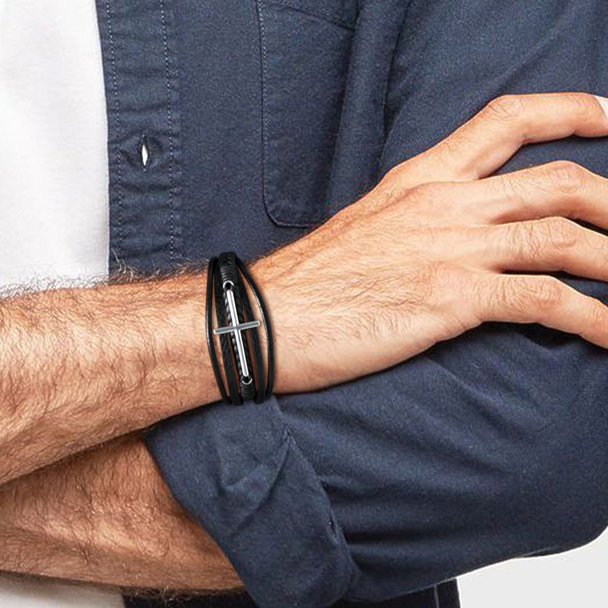 Bracelet Croix Chrétienne en Cuir Tressé - Cadeau fete des peres