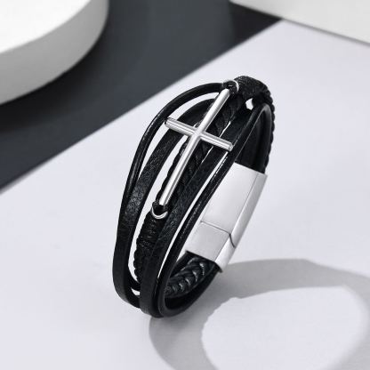 Bracelet Croix Chrétienne en Cuir Tressé Multicouche Argenté