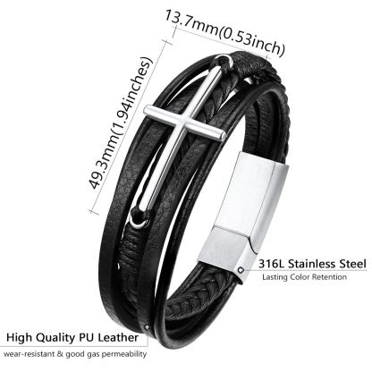 Bracelet Croix Chrétienne en Cuir Tressé Multicouche pour Homme Taille
