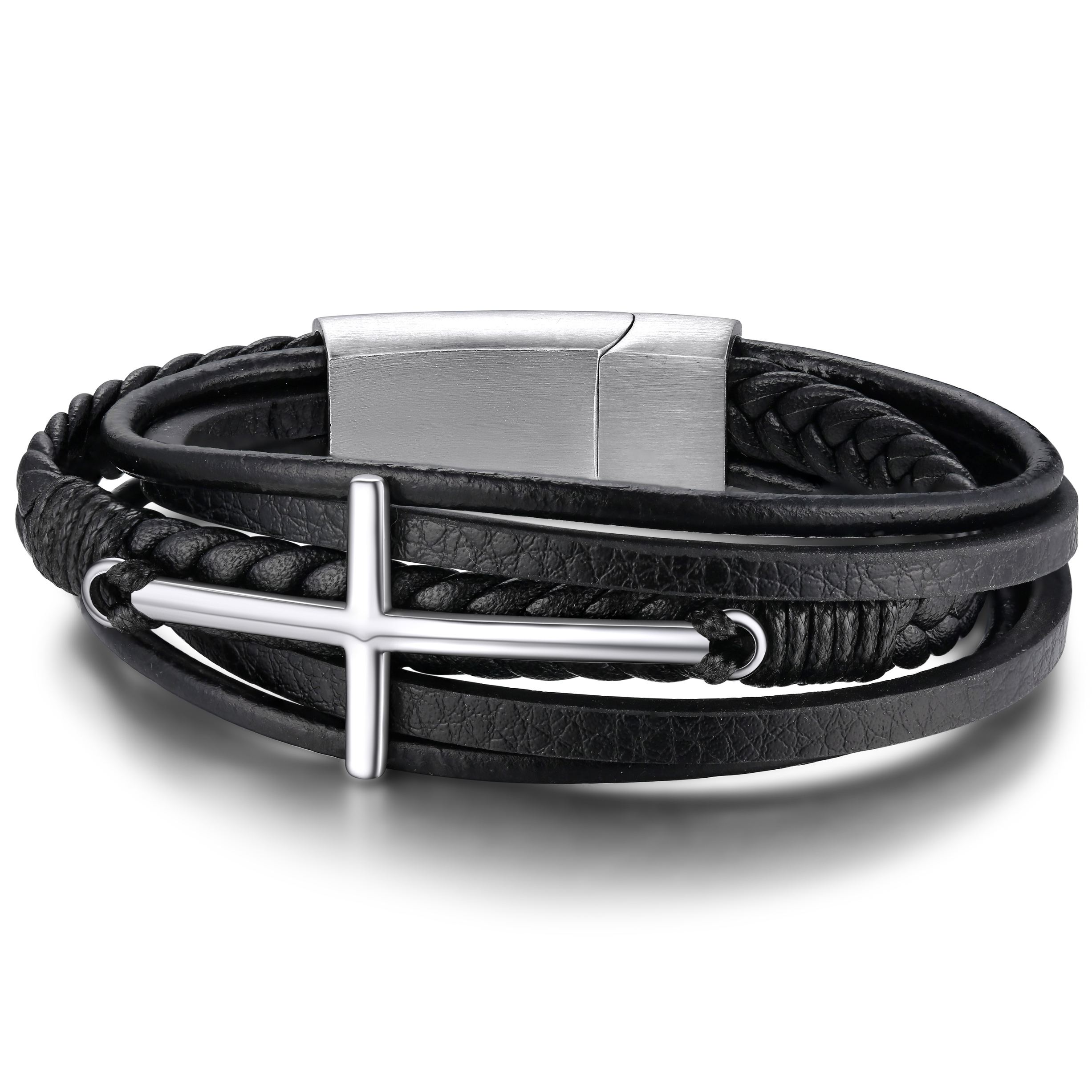 Bracelet Croix Chrétienne en Cuir Tressé Multicouche pour Homme