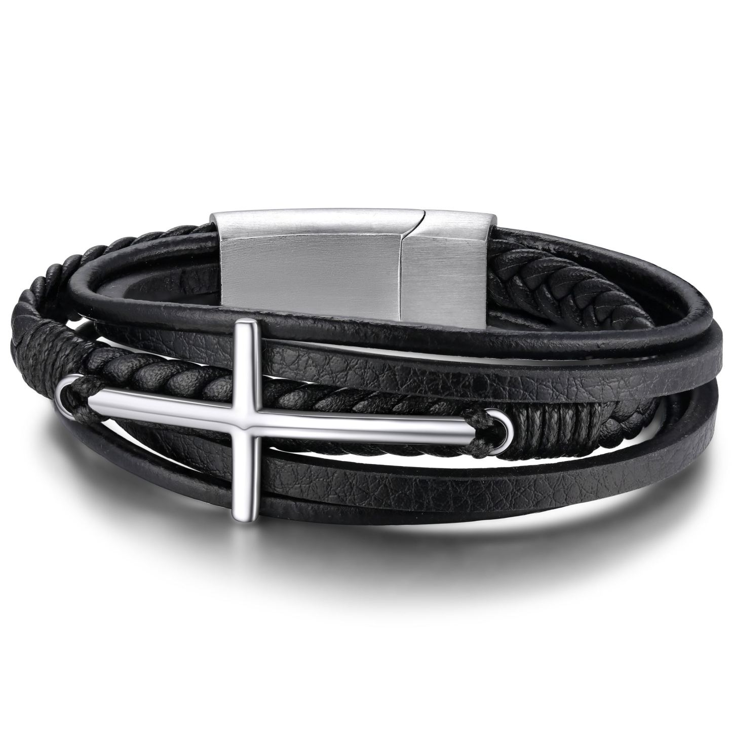 Bracelet Croix Chrétienne en Cuir Tressé Multicouche pour Homme