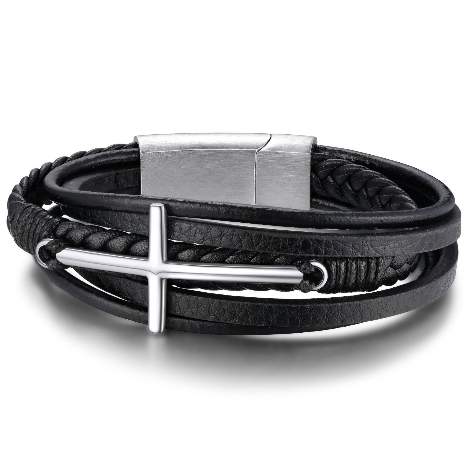 Bracelet Croix Chrétienne en Cuir Tressé Multicouche pour Homme