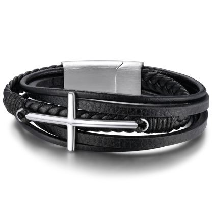 Bracelet Croix Chrétienne en Cuir Tressé Multicouche pour Homme