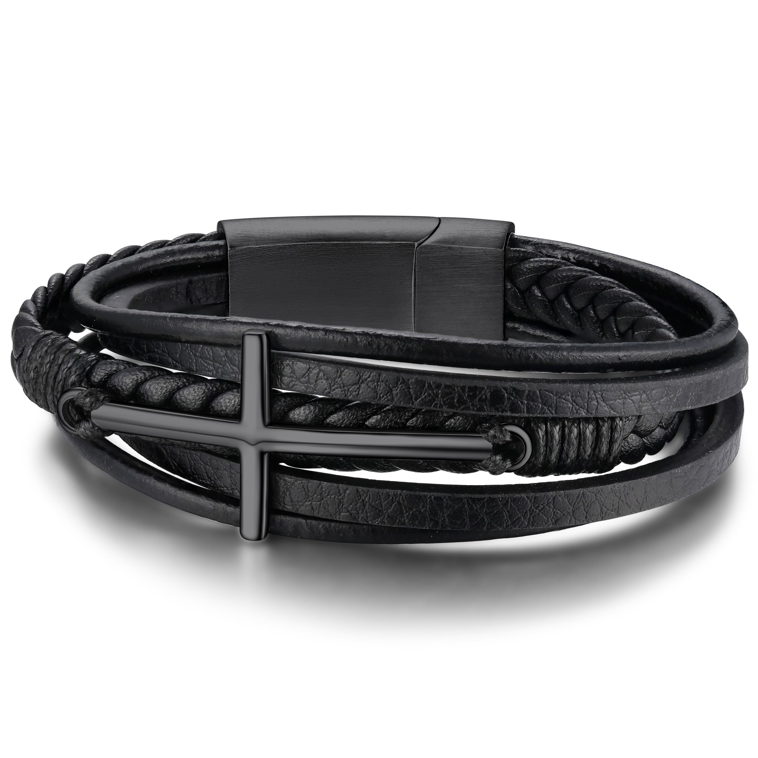 Bracelet Croix Chrétienne en Cuir Tressé Multicouche pour Homme Noir
