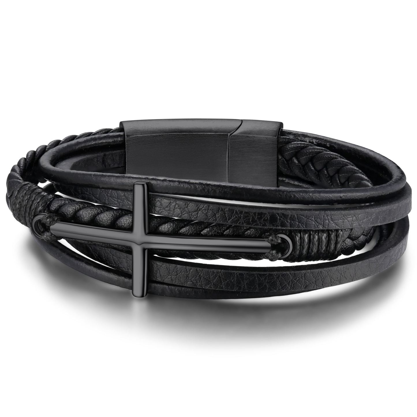 Bracelet Croix Chrétienne en Cuir Tressé Multicouche pour Homme Noir