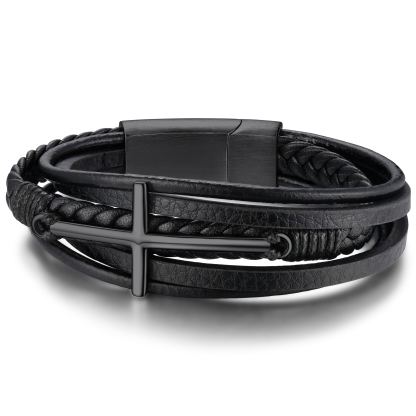 Bracelet Croix Chrétienne en Cuir Tressé Multicouche pour Homme Noir
