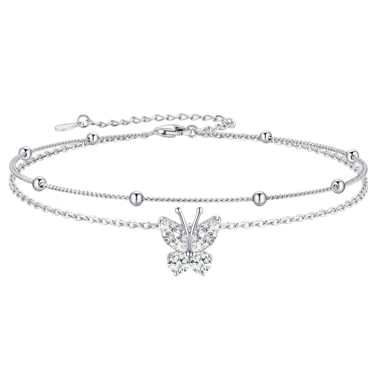 Bracelet de Cheville Papillon avec Pierre de Naissance en Argent 925