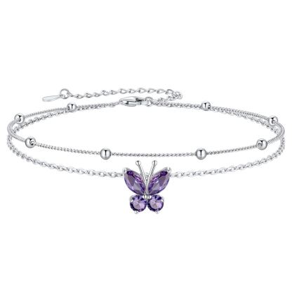 Bracelet de Cheville Papillon avec Pierre de Naissance en Argent 925