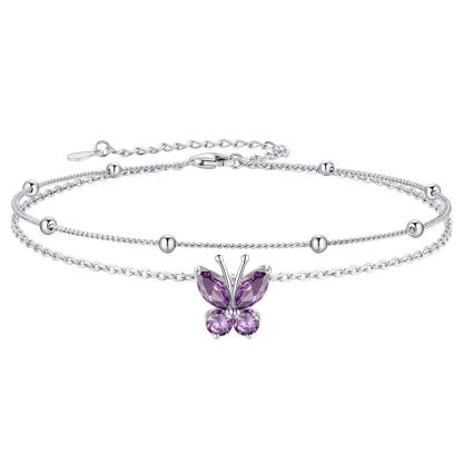 Bracelet de Cheville Papillon avec Pierre de Naissance en Argent 925