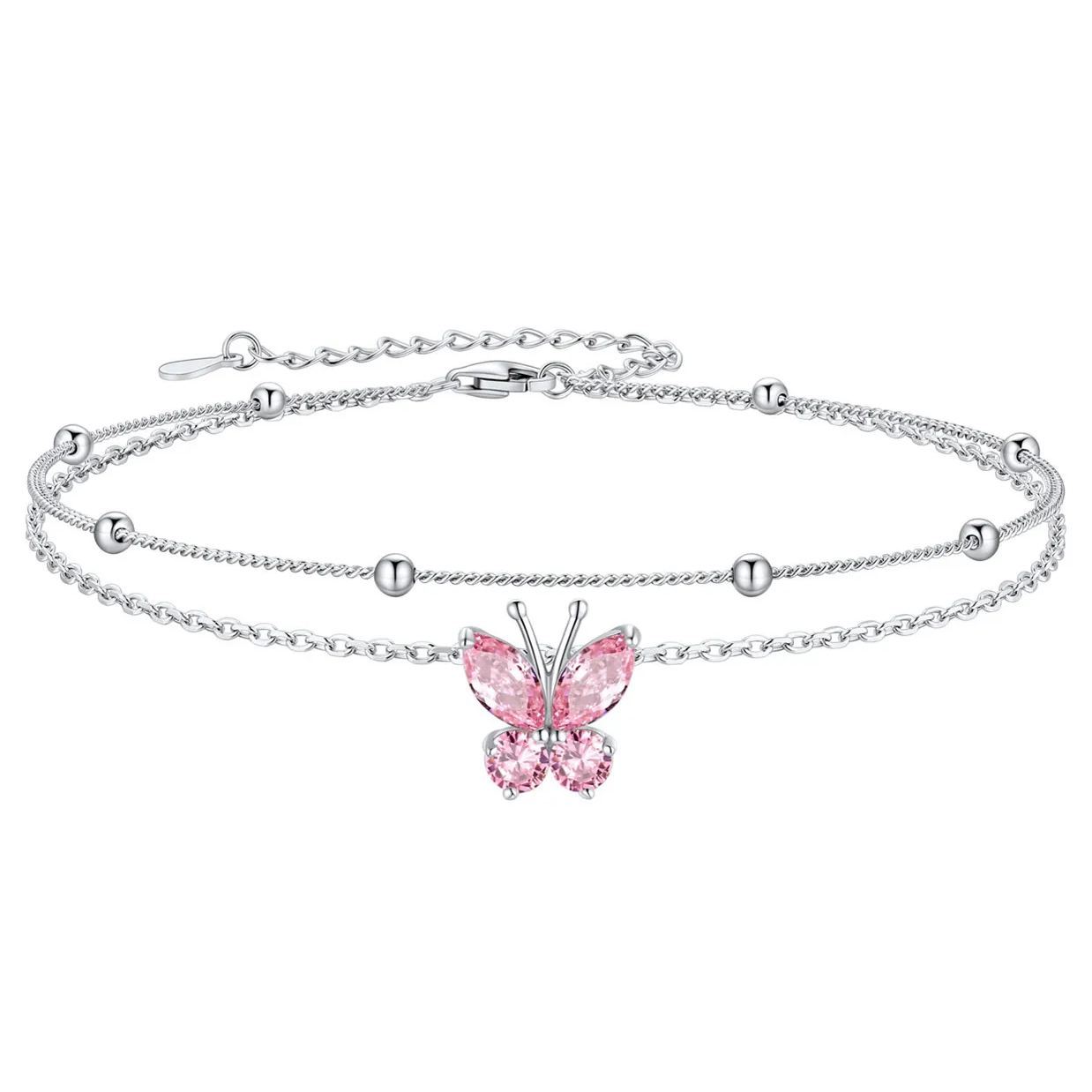 Bracelet de Cheville Papillon avec Pierre de Naissance en Argent 925